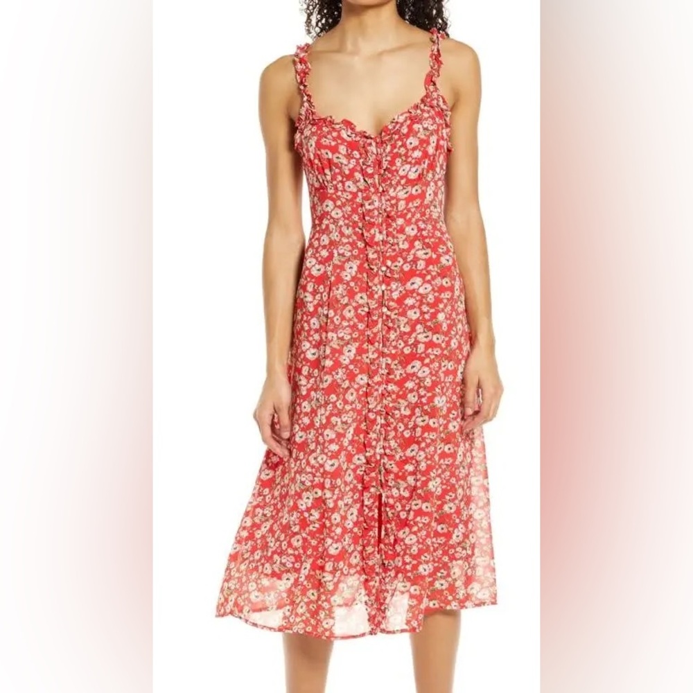 Nordstrom Floret Studios‎ Floral Button Front Red Women's Dress MIDI Size Small - Picture 3 of 10